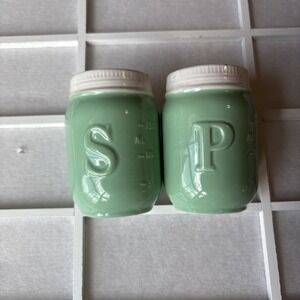 Retro Mini Mason Jar Salt and Pepper Shakers Glass. Green & White Jadeite Vibes
